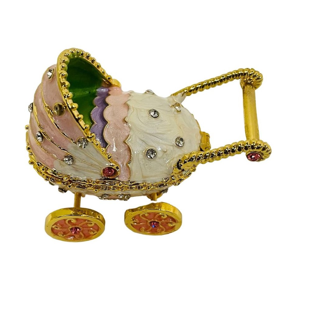 Baby Carriage Trinket Box Unisex OS Pink Gold Enameled Bejeweled Ornate